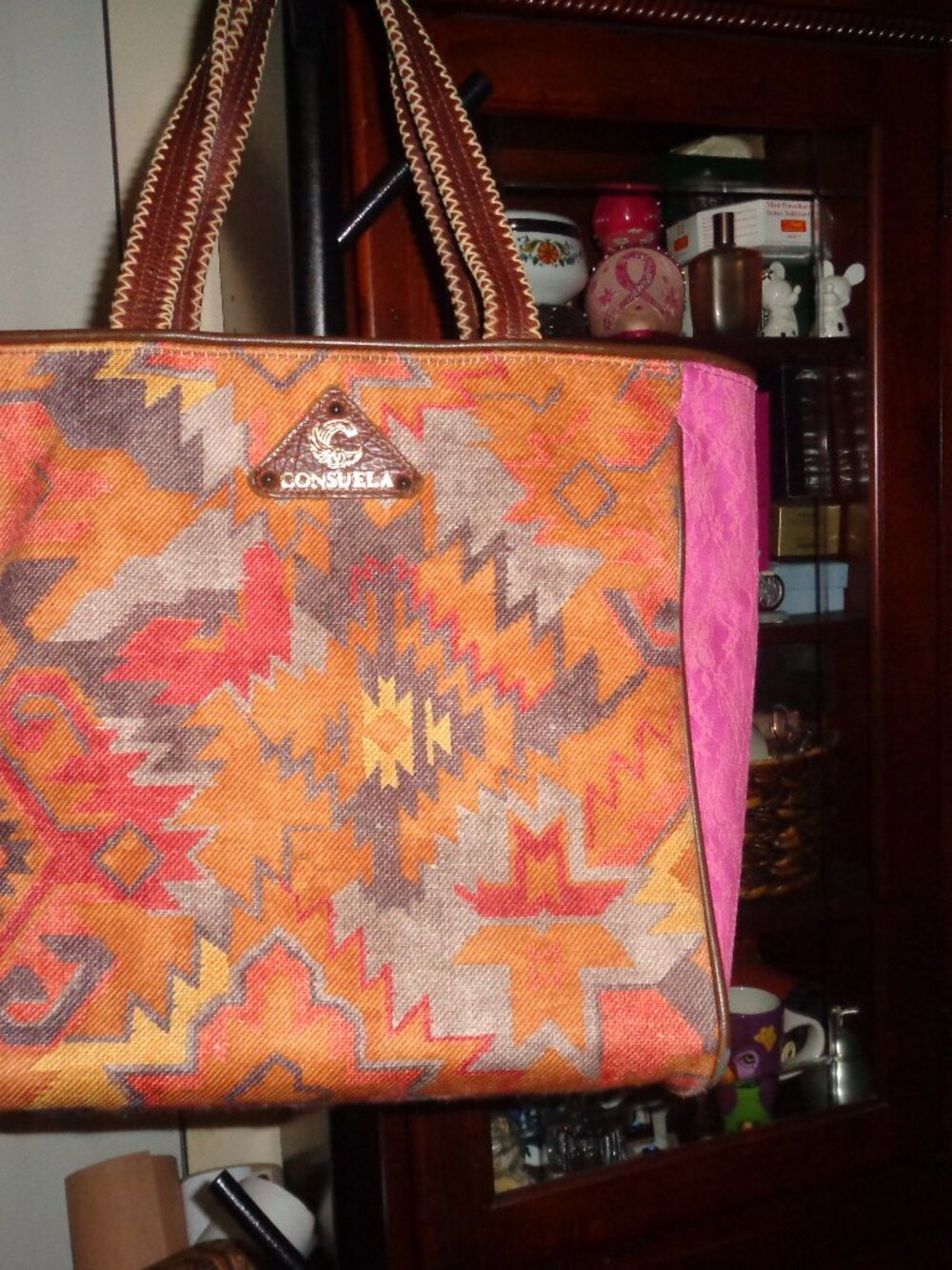 Consuela Large Tote Handbag Multi Color Aztec Graphic Orange Browns Pinks